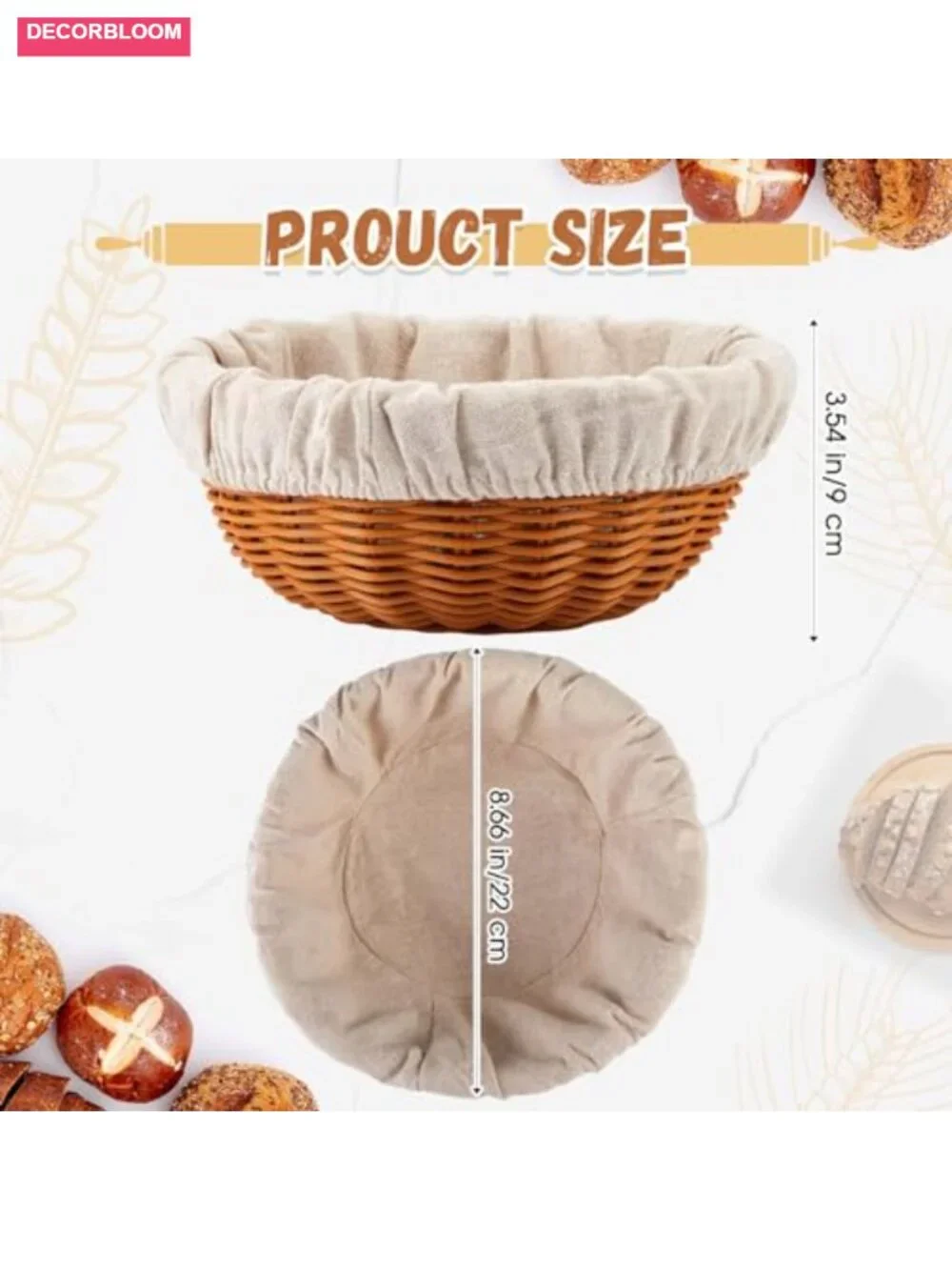 2 Pack 8.66 Inch Sourdough Bread Proofing Baskets with Liners PP Material